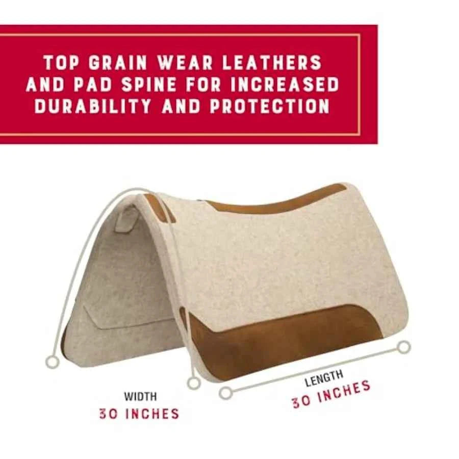 Western saddle pad for horse protection. Contoured wool blend felt, tan, shock absorbing and durable.