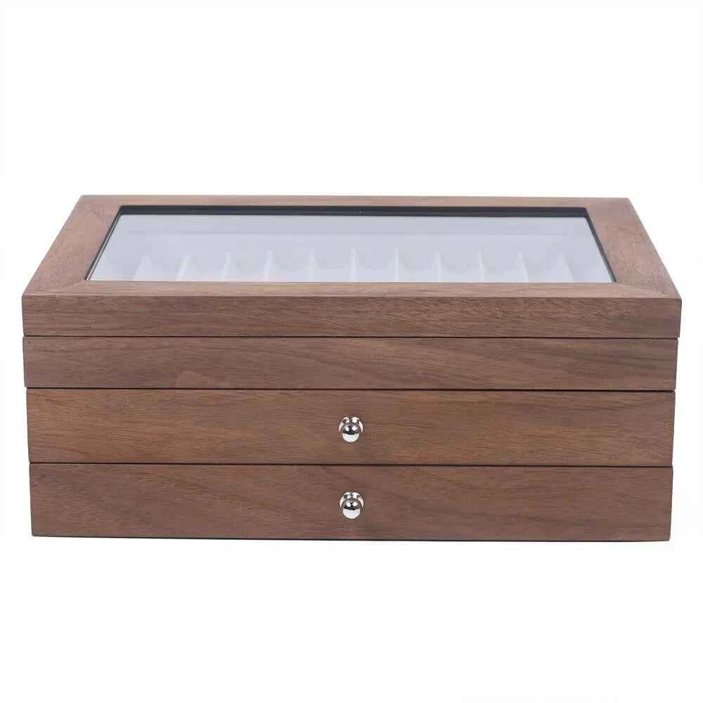 Pen Storage Case 34 Slots Walnut Wood Cabinet With Drawer Student Stationery Pen Display Show  Gift Case