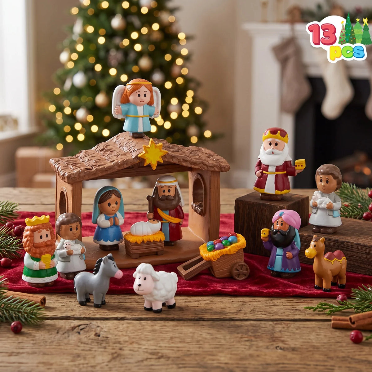 13pcs Christmas Story scene of baby Jesus in the manger. With the angels, animals, wise men. and a few other miniature items. That the kids can move around.