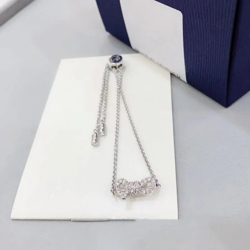 Buy One Get One Free S925 Sterling Silver Full Diamond Silver Bow Drawstring Bracelet for Women, Charm Bracelet