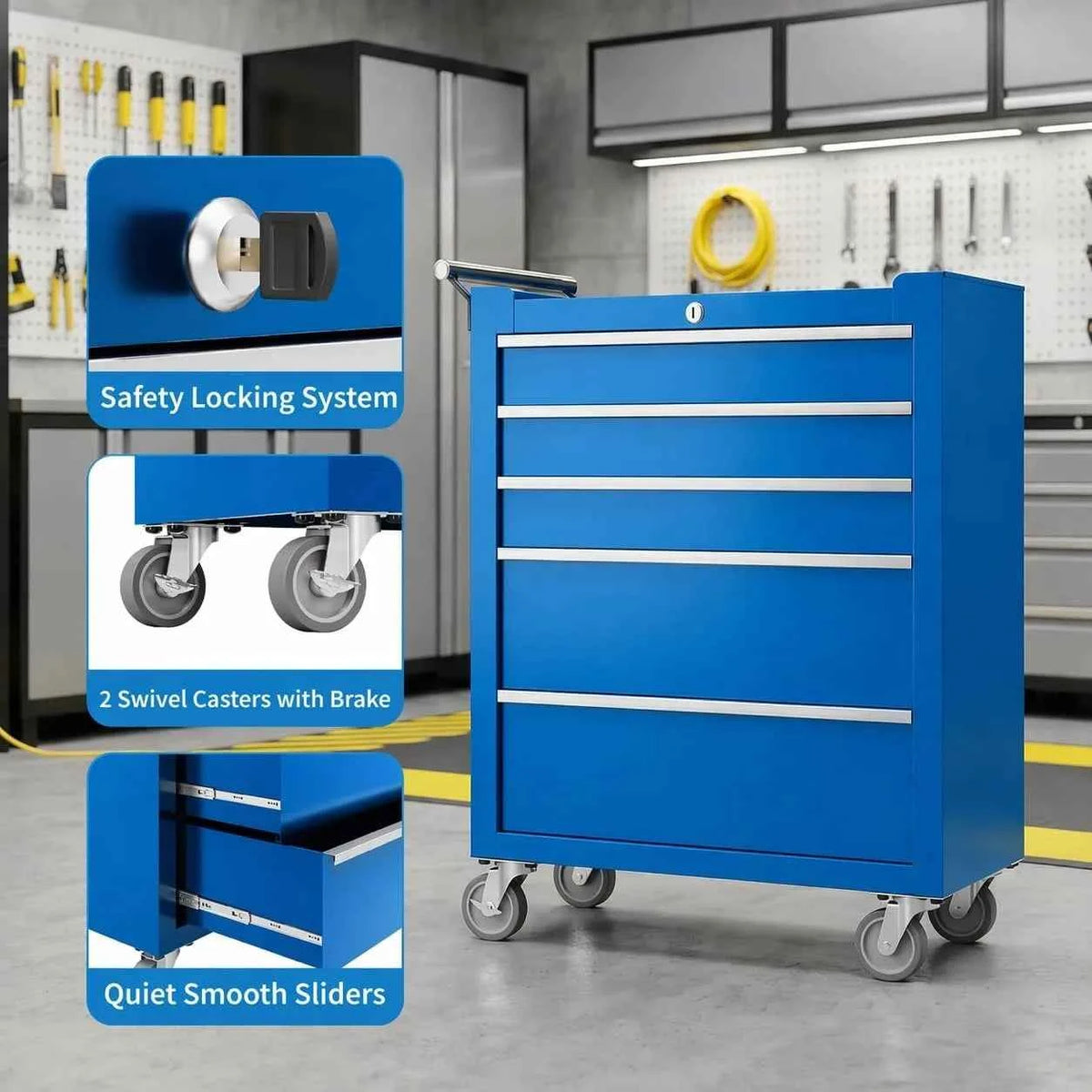 5 Drawer Rolling Tool Chest with Locking Tool Cabinet Cart, Portable Metal Tool Storage Organizer.