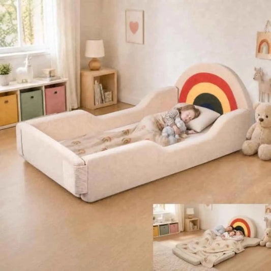 Soft Foam Toddler Floor Bed with Rainbow Headboard and Fold-Down Sides – No Assembly Required – Includes Integrated Mattress – B