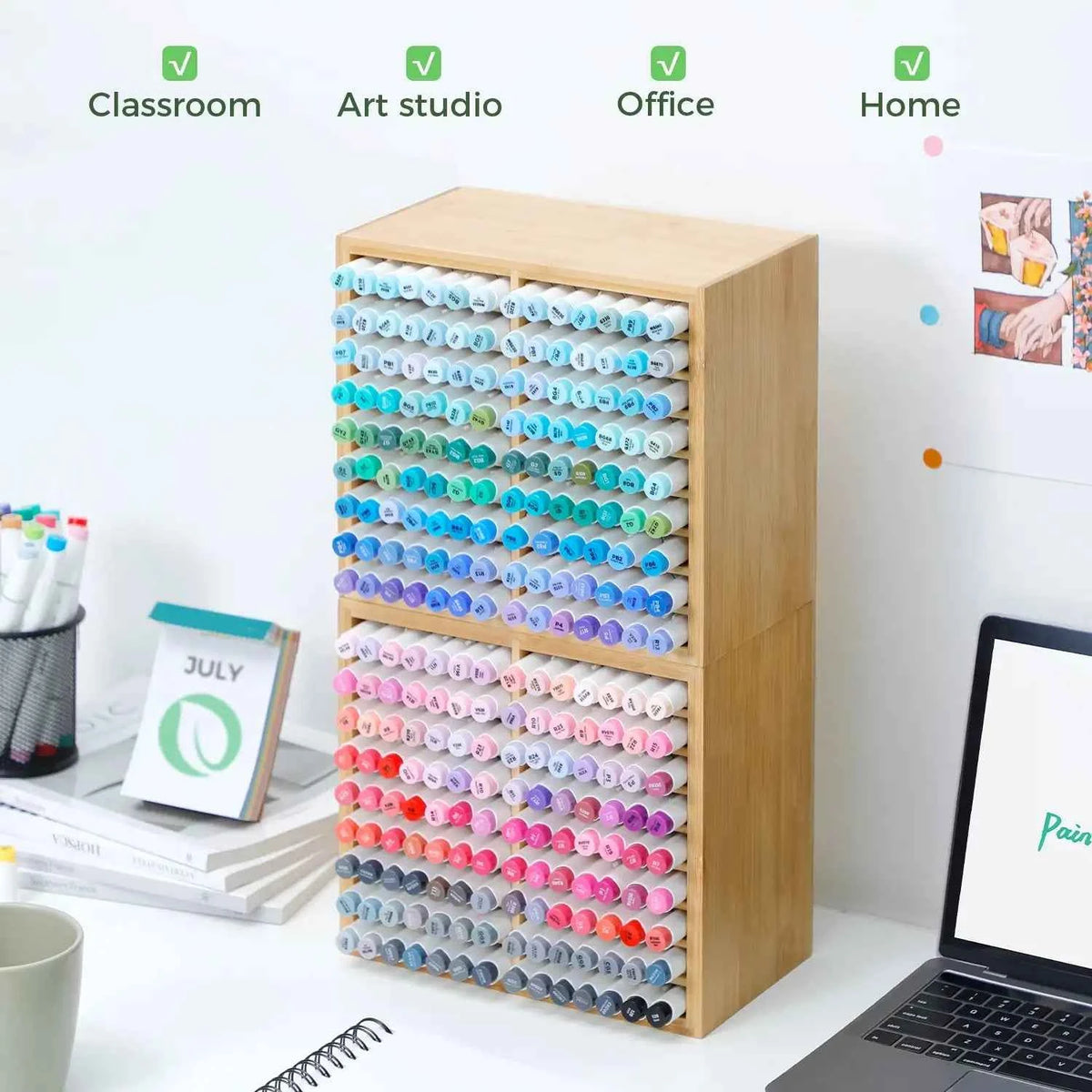 Wooden Desktop Storage Hold 126 Markers, Pens, Pencils, Art Brushes,