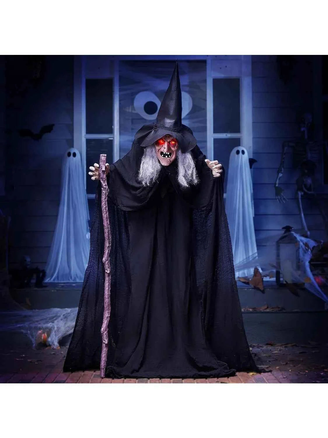 72" Animatronics Witch Outdoor Halloween Decorations with Cane. Life Size Animated Ghost. Haunted House Prop Décor with Creepy Sound and Light-up Eyes, Party Supplies