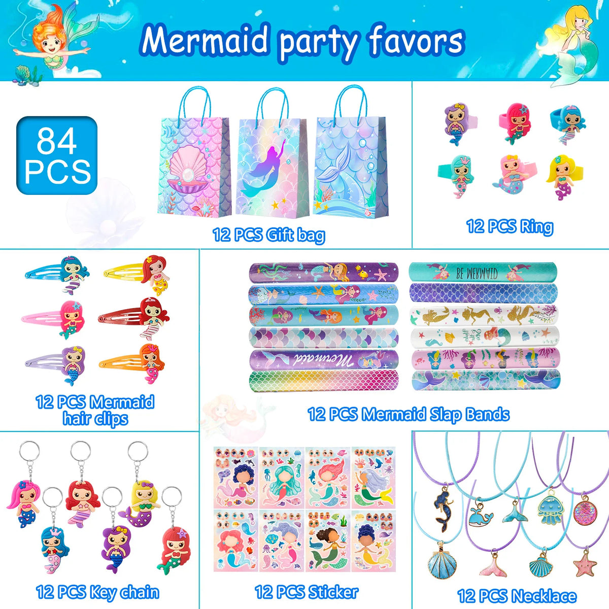 84 Pcs Mermaid Party Favors for Boys and Girls - Mermaid Birthday Rings, Keychain, Slap Bracelets, Bags, Hair Clips, Necklace Etc. Mermaid Birthday Party Favors for Mermaid Birthday Decorations Supplies