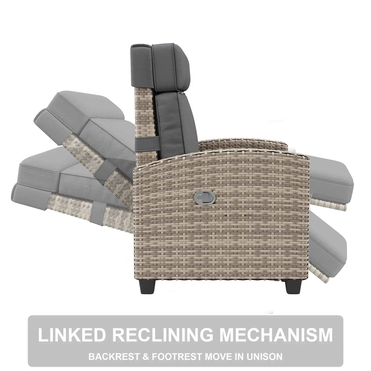 Recliner Chair with Adjustable Wicker,150° Lay-Flat Backrest & Footrest,Flip-Up Side Table,Removable Thick Cushion,Comfortable Chair for Patio Indoor and Outdoor,Grey