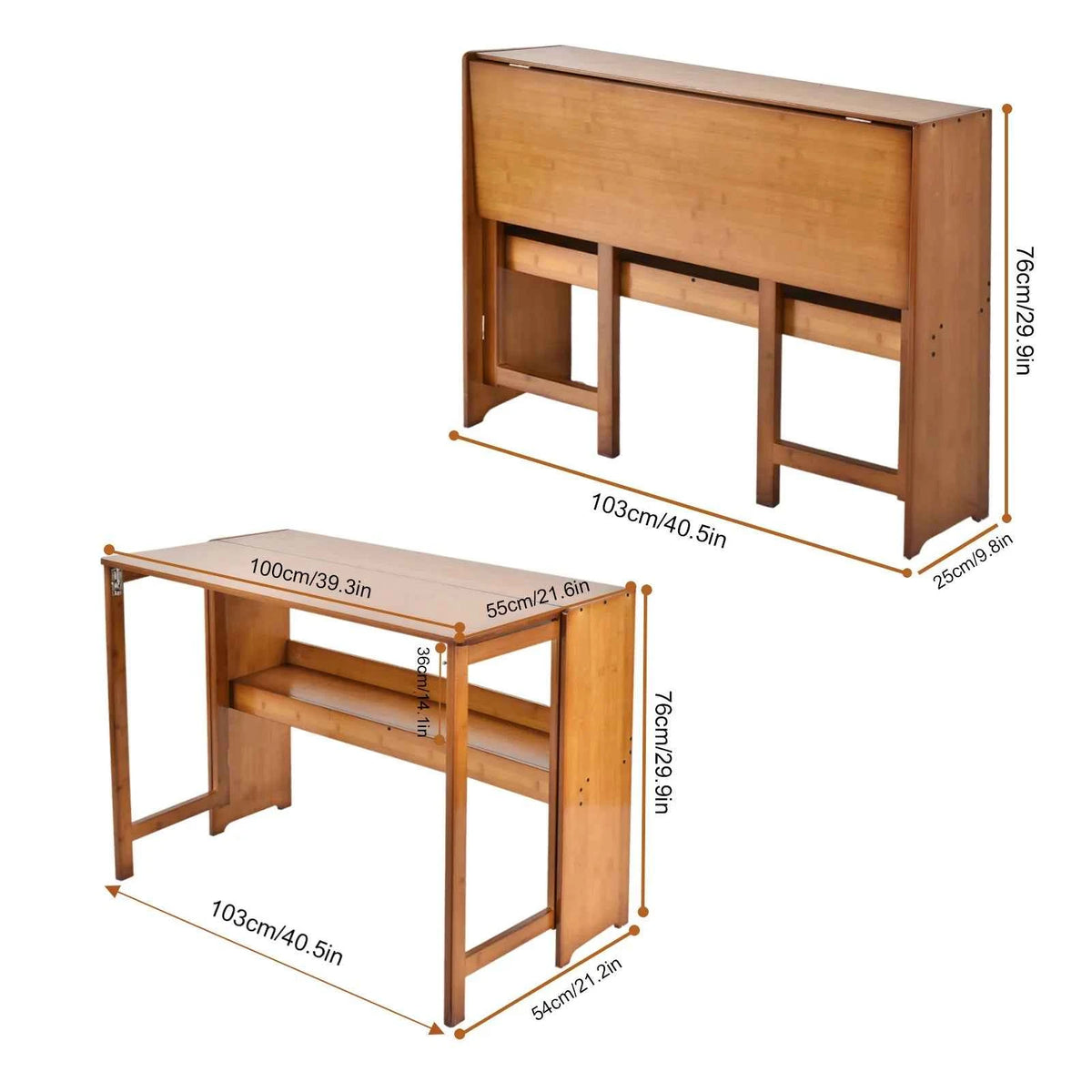 Bamboo Foldable Desk 40.6 Inch, Folding Desks for Small Spaces, Mid Century Small Computer Desk with Bookshelf. Brown, Primary Color