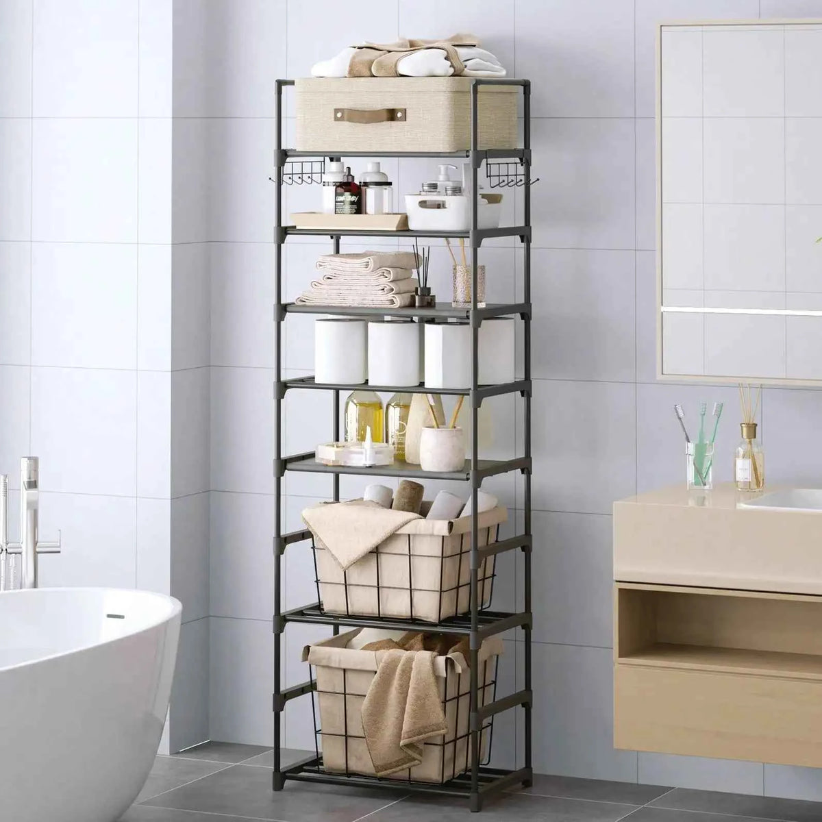 10-Tier Over Toilet Storage Rack, Adjustable Bathroom Organizer Cabinet with Space Saving Shelves,