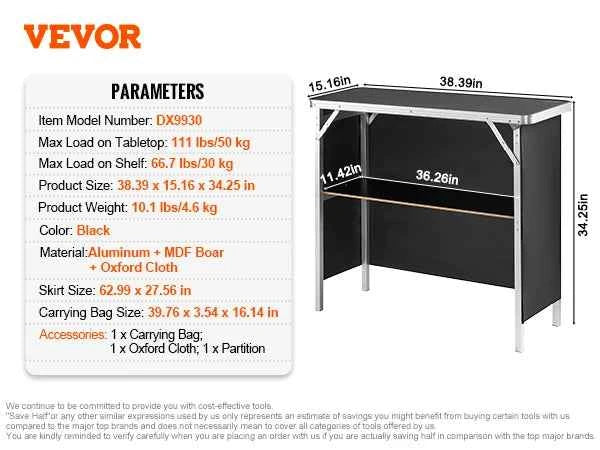 Folding Portable Bar Table or Tradeshow Podium Table for Party, Picnic, Exhibition. Includes Carrying Case, Storage, Shelf Skirt