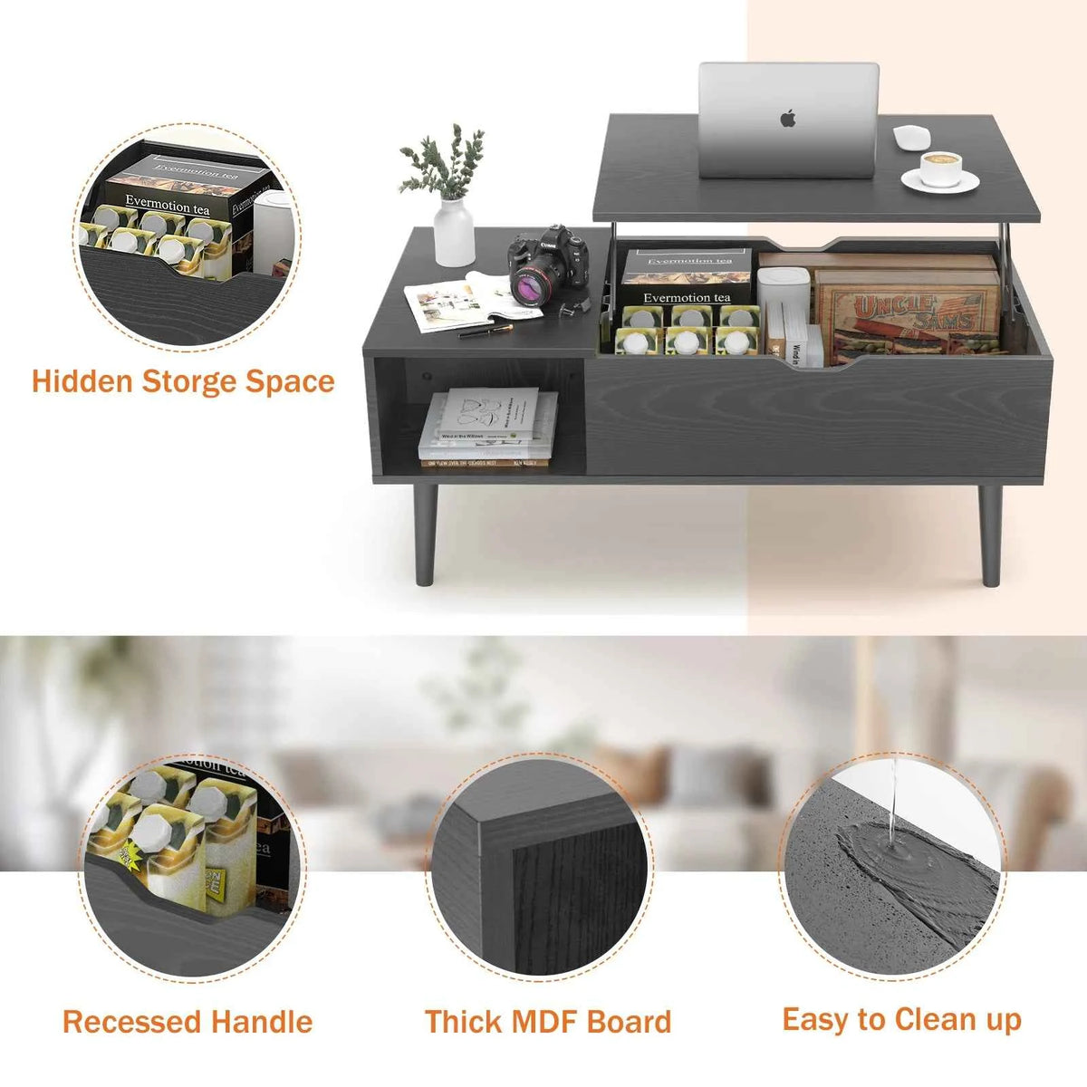 JHK Lift Top Tables For Living Room 39.37"x19.7"  Wood Dining Tables. Adjustable Storage Shelf, Easy Lift Or Lower