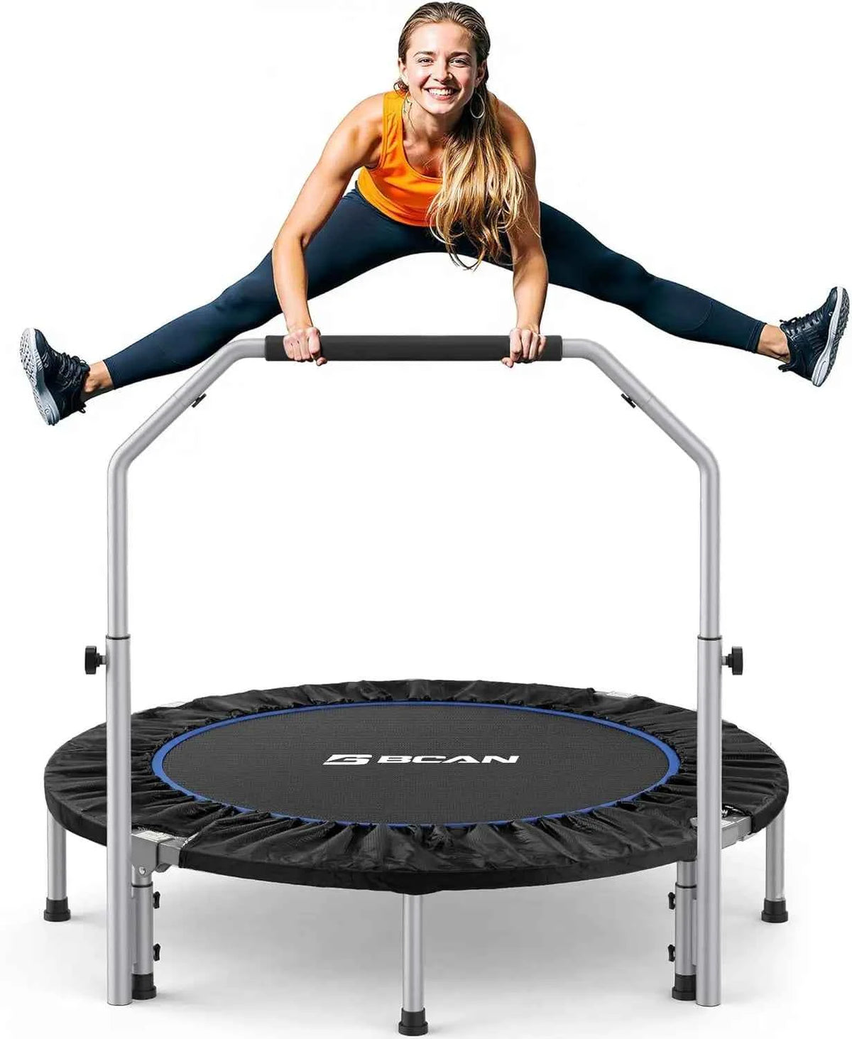 40/48“ Foldable Mini Trampoline with Adjustable Foam Handle. Fitness Rebounder for Adults Max Load 440 Lbs