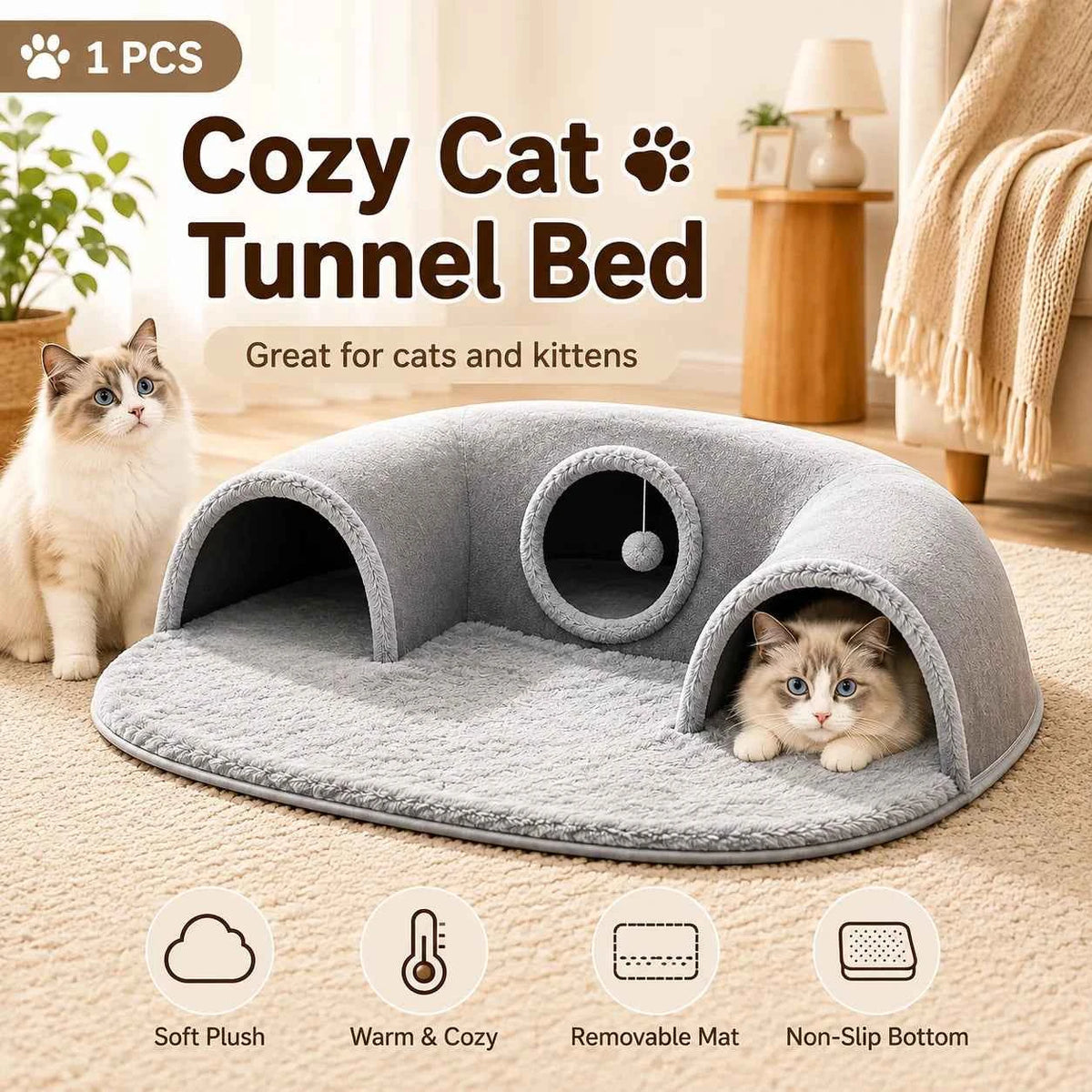 Multifunctional U-shaped Cat Tunnel Bed—A Detachable, Washable Plush material; .