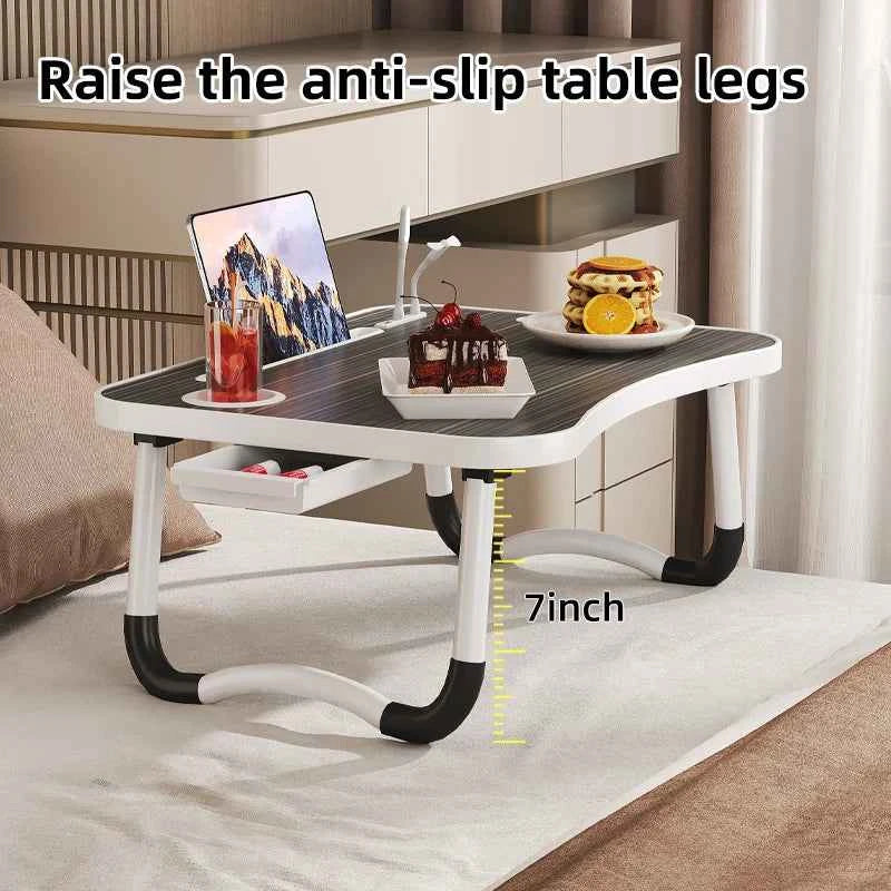Portable & Foldable Laptop Table with Storage Drawer, Tablet Slot, & Cup Holder.