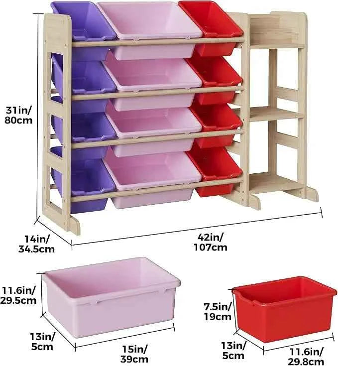 Tacleekii 42" 52" Wide Kids Toy Storage Organizer with 12 Bins & 3 Open Shelves. Solid Wood Storage Unit