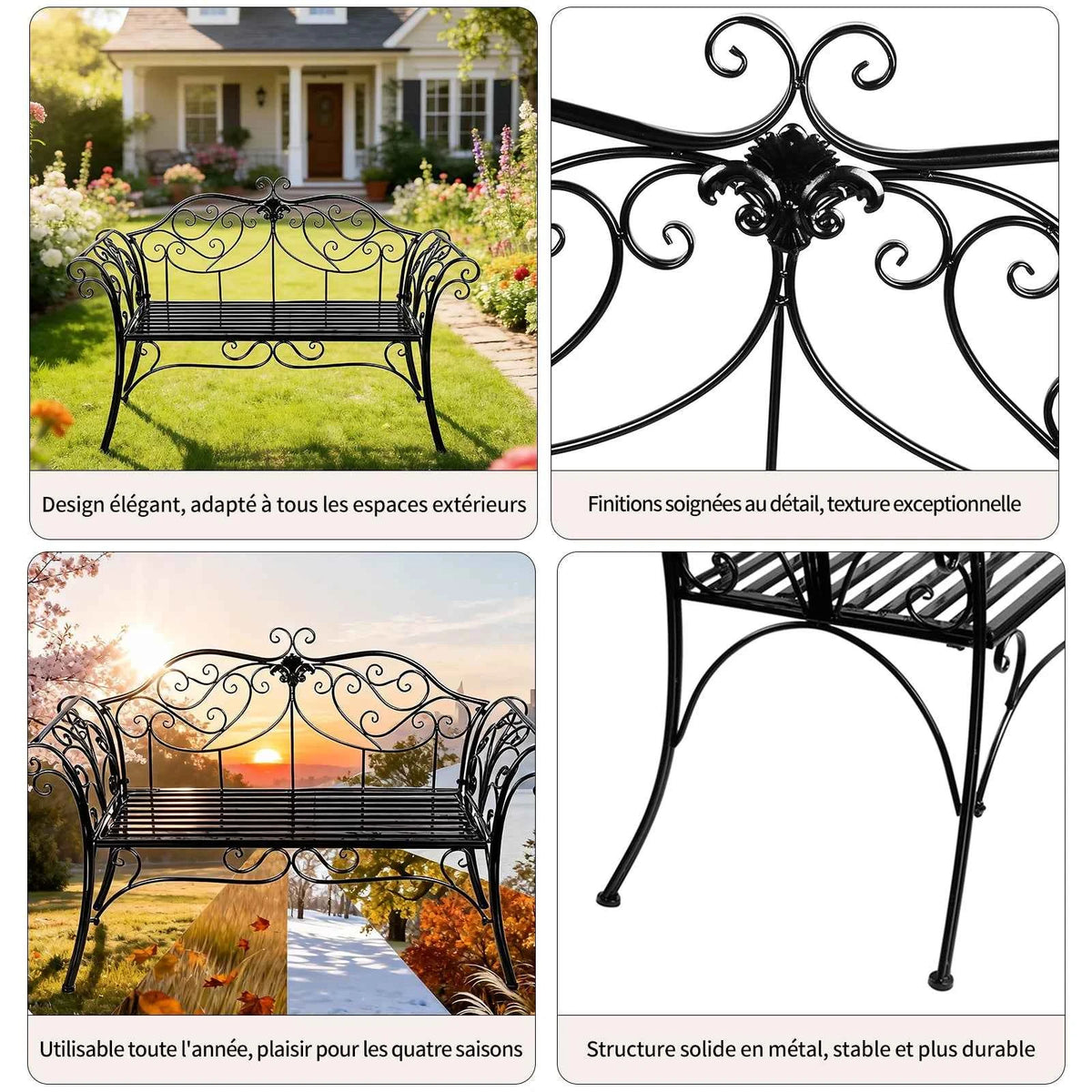 HLC Wrought Iron Two-Seater Garden Bench with Decorative Wrought Iron Backrest, Outdoor Garden Bench, 133x90x49 cm, Balcony, Patio, Rust-Proof, Black