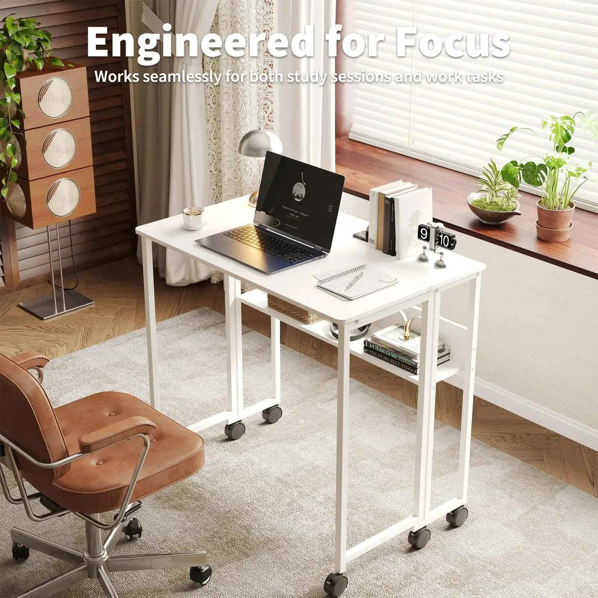 Folding Desk with Storage Shelf on Wheels. Space Saving Computer Desk, Easy Assembly, for Home, Office, & Small Space