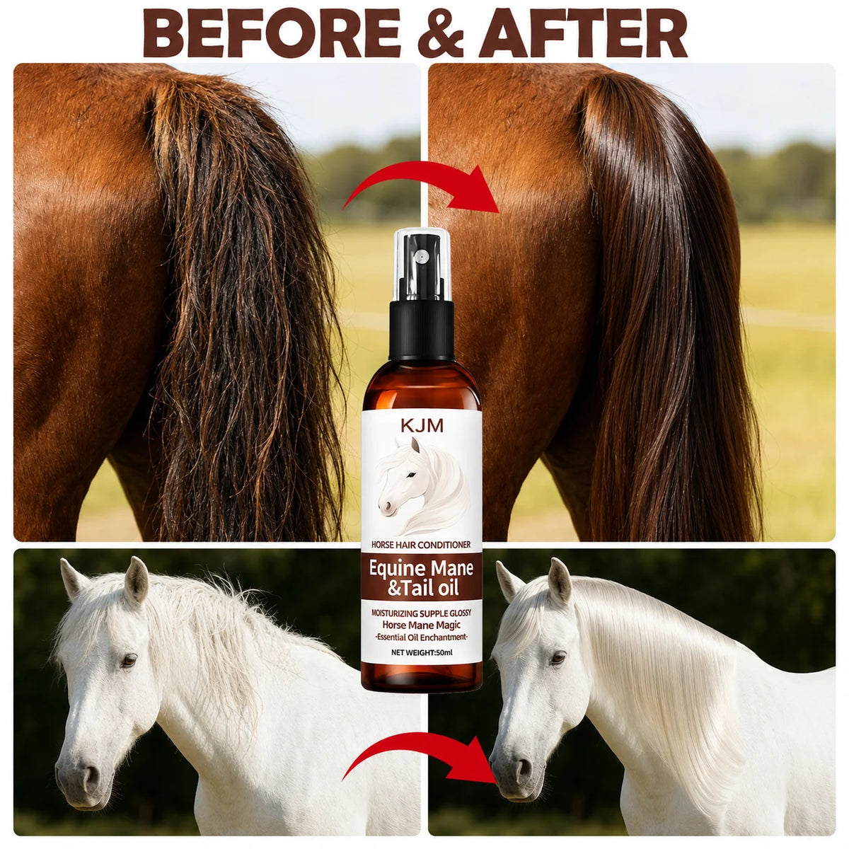KJM Horse Mane Detangling Spray. All Breeds, Plant Extract Quick Moist Non Greasy Shiny Equine Daily Groom Spray