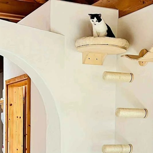 Cat Wall Mounted Solid Wooden Furniture & Climbing Ladder and Cat Hammock with Scratching Post for Activity Indoor Cats Perches