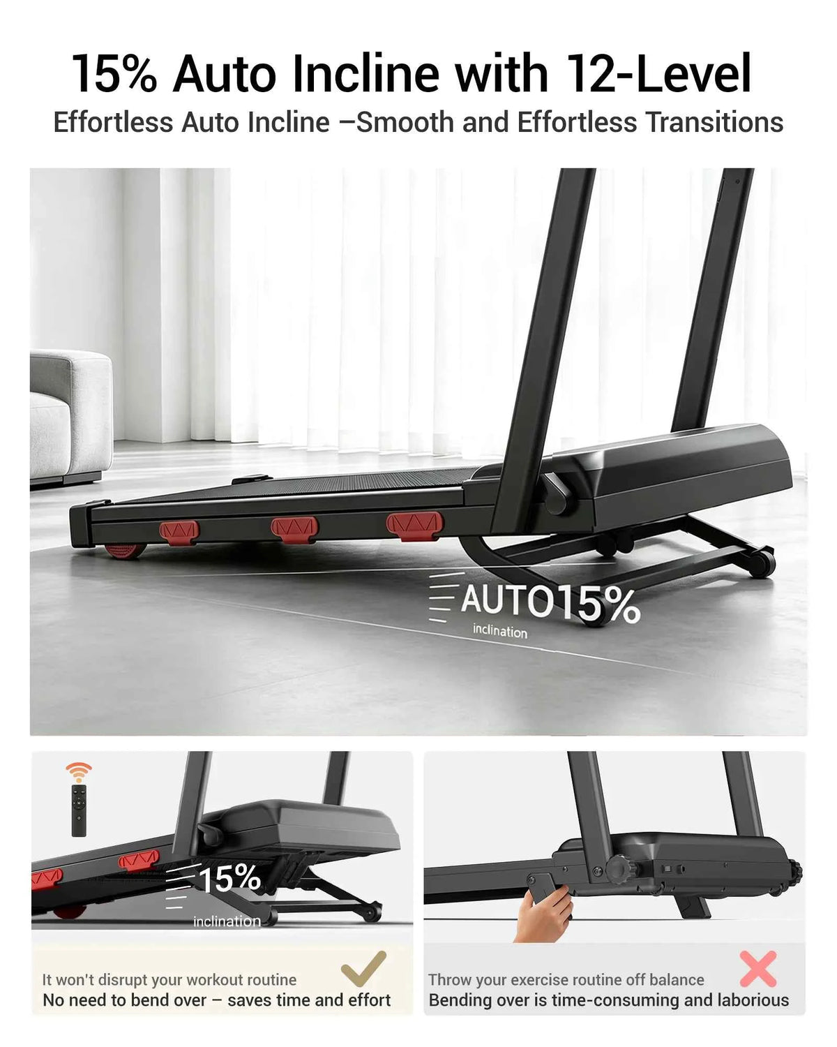 ROBORE  X9F 15% Auto Incline Treadmill, 7.5 MPH Folding Walking Pad with Safety Handle, Quiet Powerful Motor, 12 Speed Levels, 6-Layer Shock Absorption, LED Display Under Desk Treadmill for Home Workout, Walking, Jogging & Ru