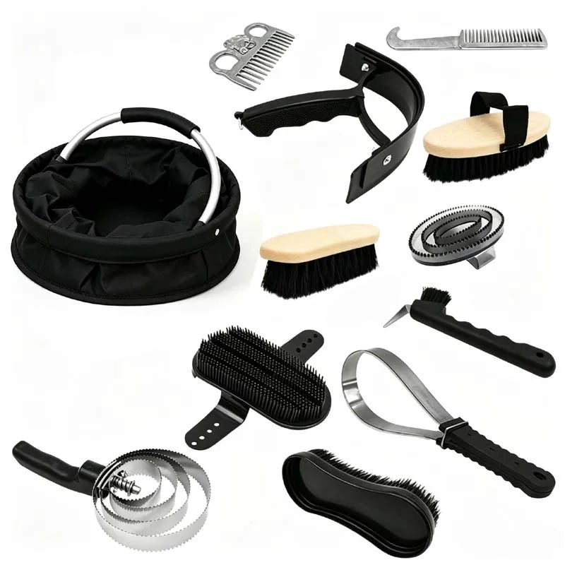 12 PCS Horse Grooming Kit, Large Capacity Foldable Storage Bucket, Horse Brush, Comb, Sweat Scraper, Hoof Pick Set for Care Cleaning