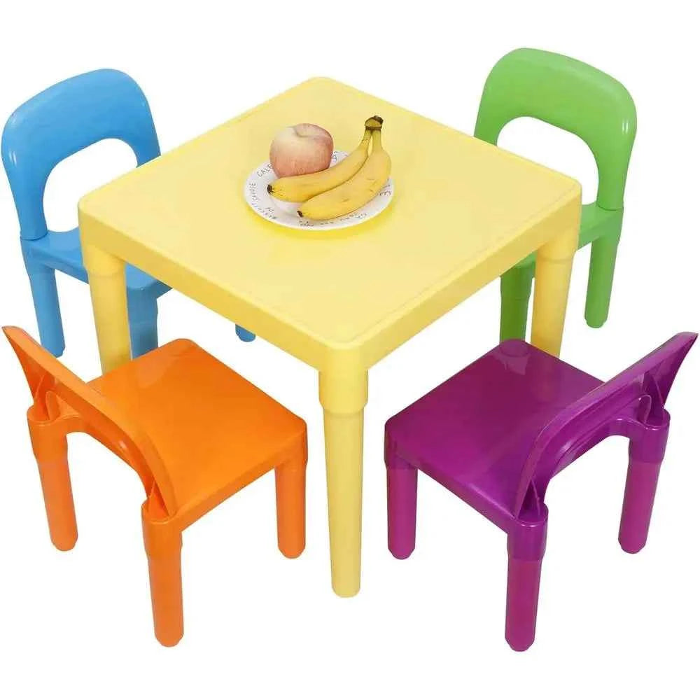 Kids Plastic Table and 4 Chairs Set, Multicolor Toddler Activity Table, Playroom, Reading, Art & Crafts