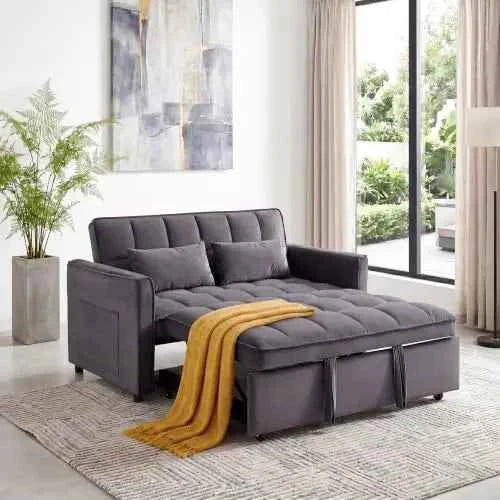3 in 1 Convertible Sleeper Sofa Bed, 54'' Full Size Velvet Pull Out Futon Couch. With Reclining Backrest & 2 Pillows