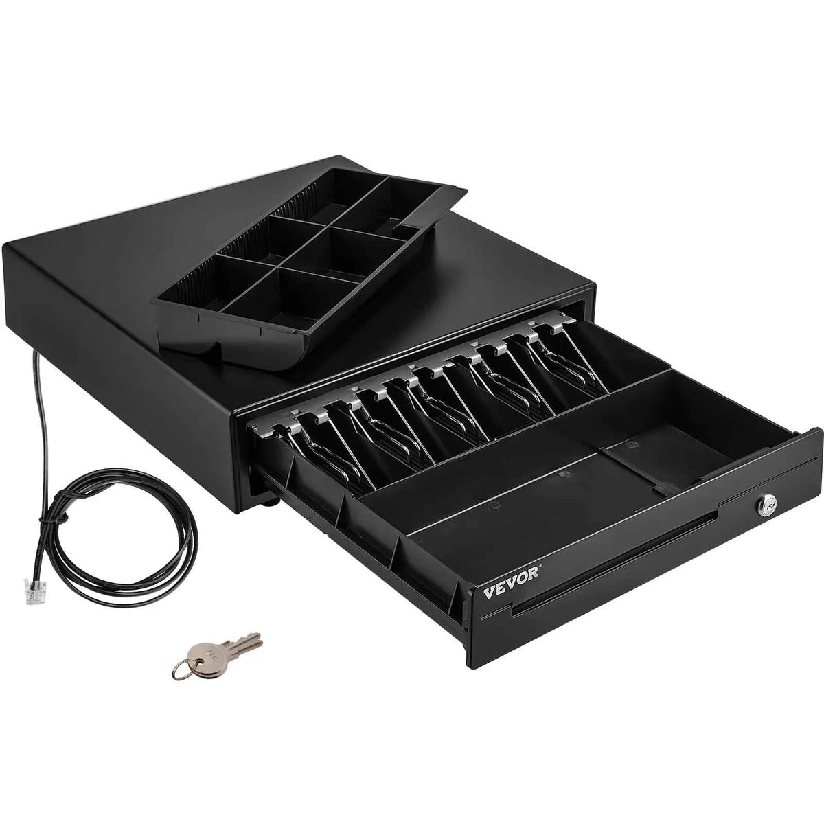 Cash Register Drawer 16" 12 V for POS System Tray.  Removable Coin Compartment & 2 Keys Included RJ11/RJ12 Cable Drawer