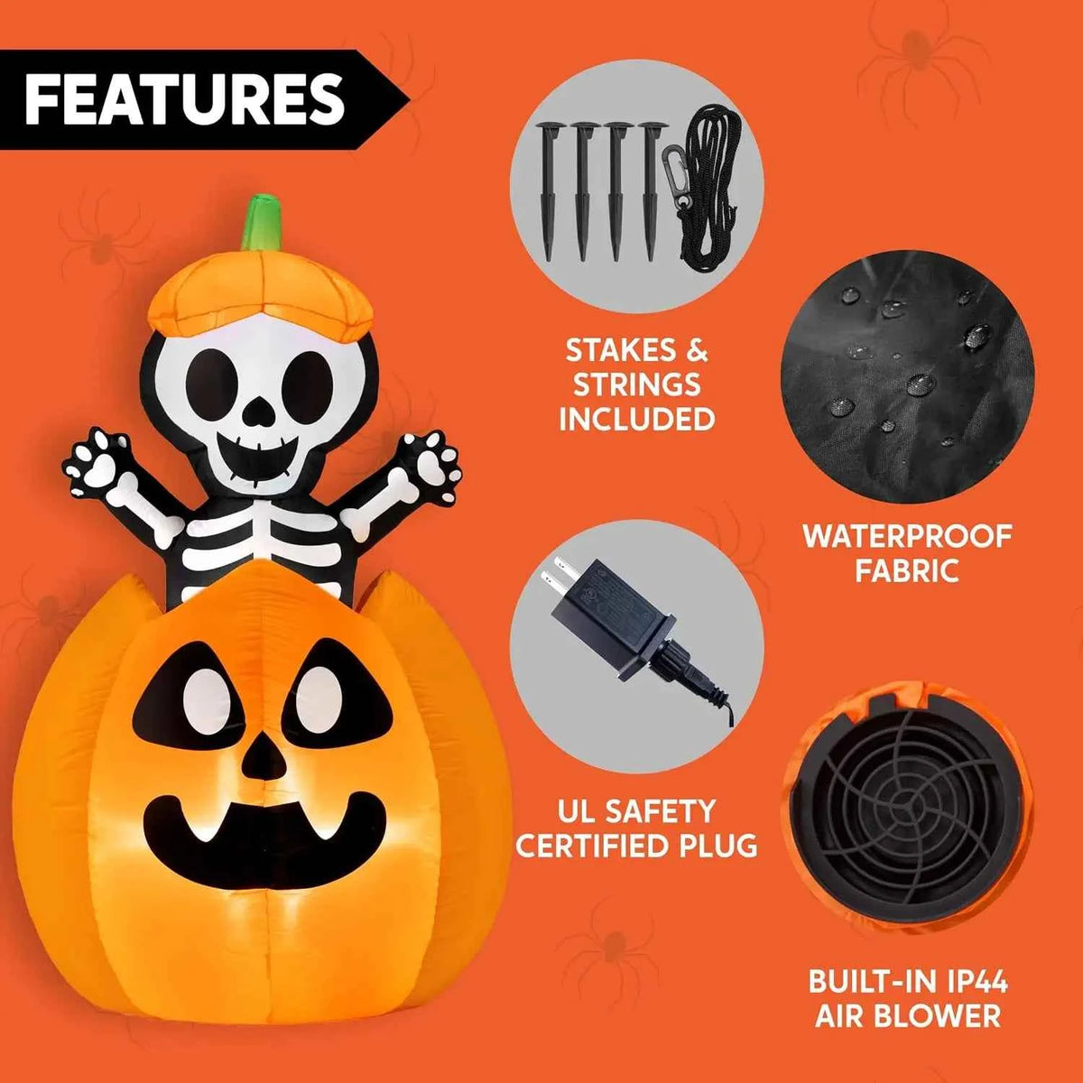 5FT Halloween Animated Inflatables Outdoor Decorations, Inflatable Skeleton On Pumpkin with LEDs, Cute Blow Up Pumpkin Skeleton Decor for Outside Yard