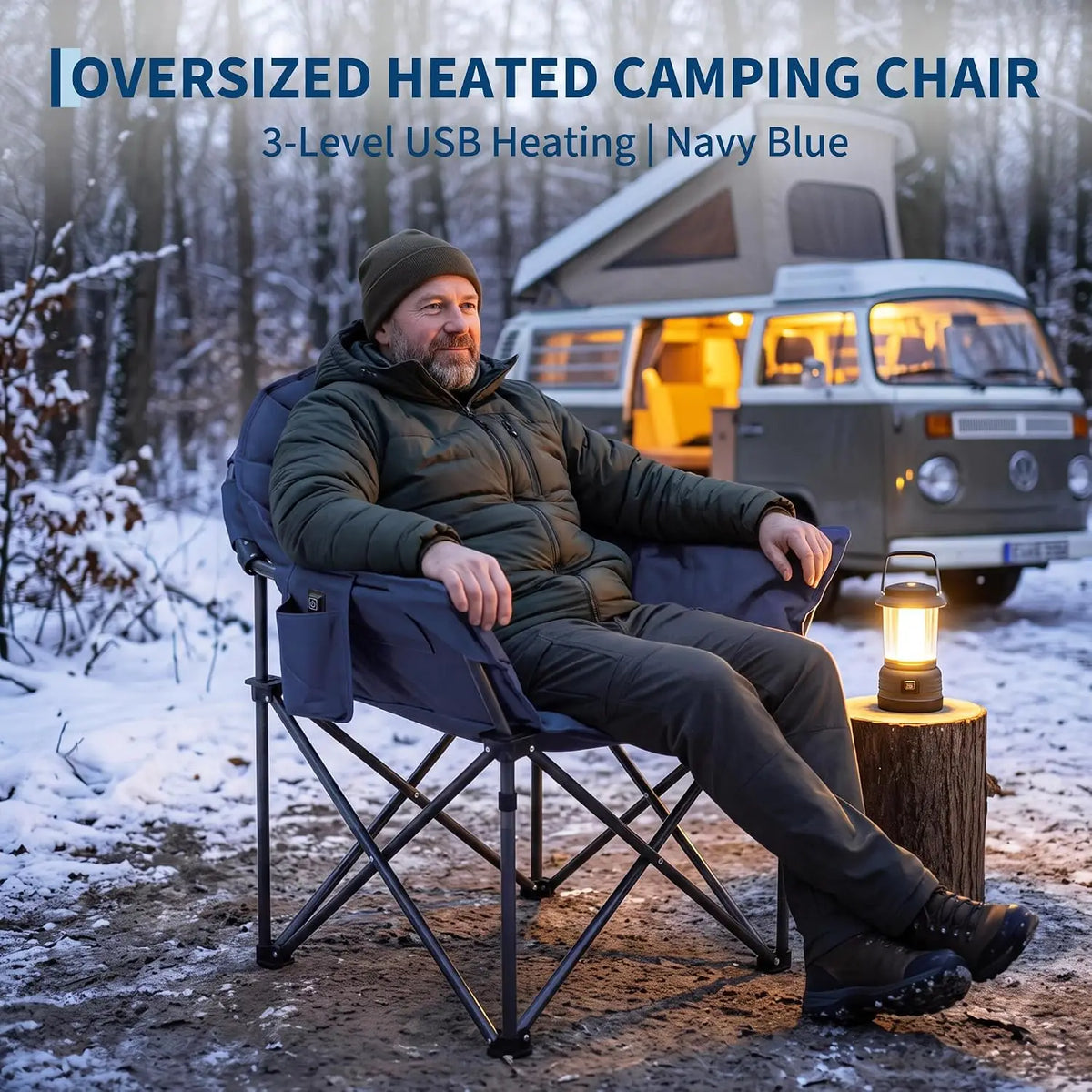 Oversized Heated Camping Chair for Adults – Heavy Duty Padded Outdoor Folding Chair with Cup Holder, Storage Pockets & Big Tall Support