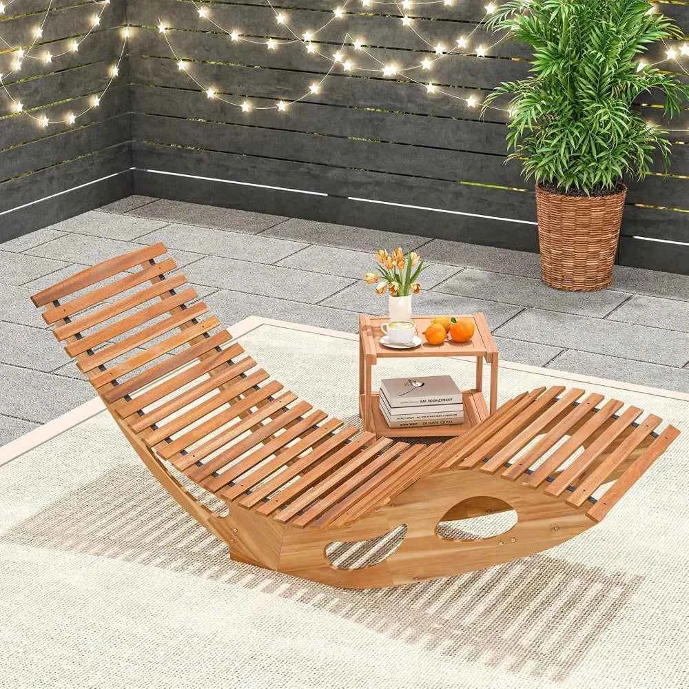 Outdoor Acacia Wood Chaise Lounge, Rocking Chair with High Back, Slatted Seat, 350 Lbs Capacity Sun Lounger