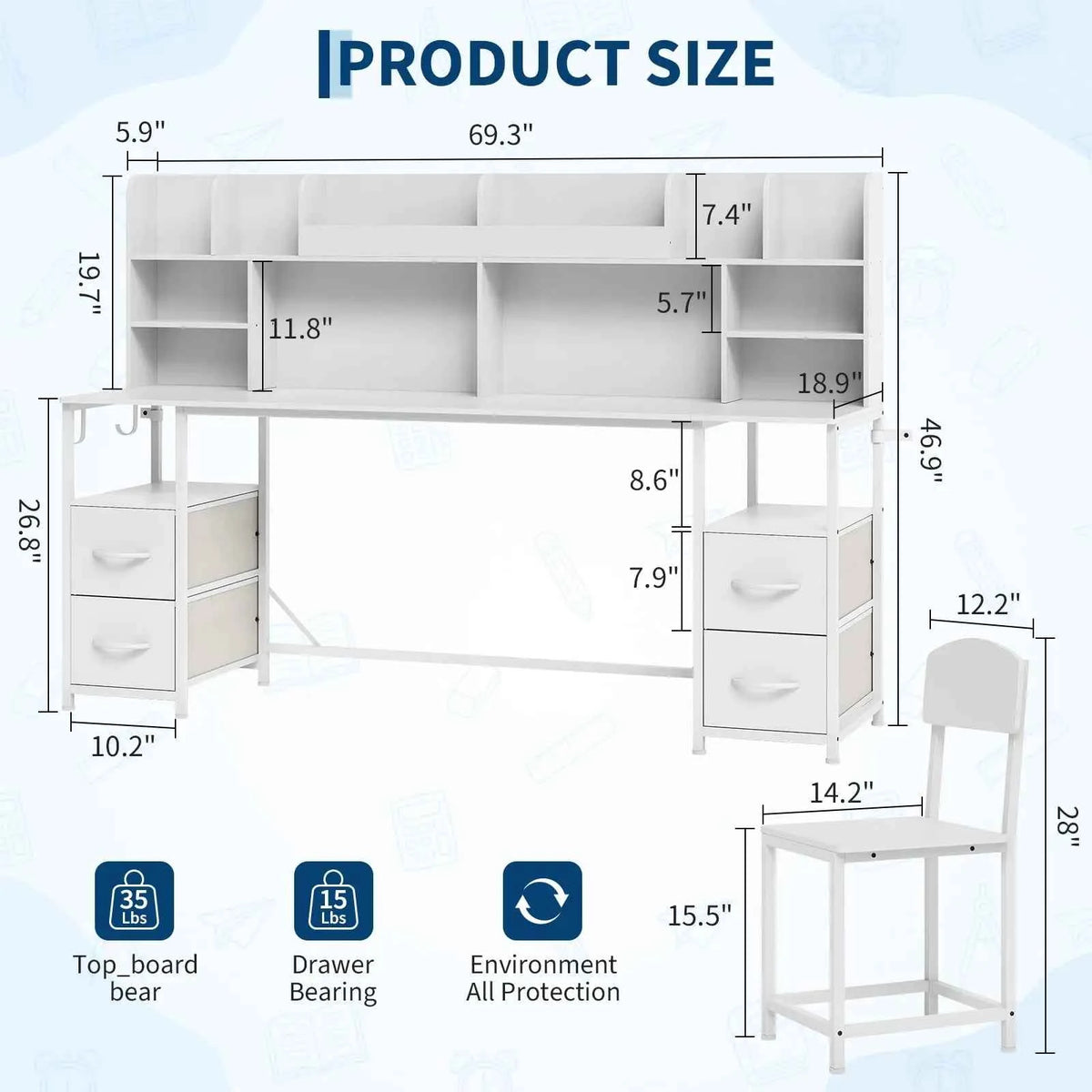 69 inch Double Kids Desk & Chair Set With Hutch, 4 Drawers, Shelves & Hooks, 2-Person Study Table Ages 6-12 Bedroom Playroom