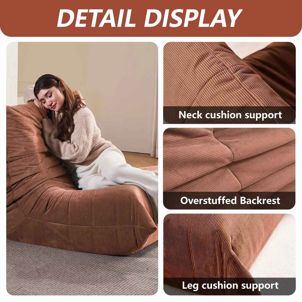 Ergonomic Oversized Bean Bag Chair ，removable zipper cover and non-slip base,  Big Memory Foam Lazy Sofa, Non-Slip Compression  Chair For Living Room, Bedroom