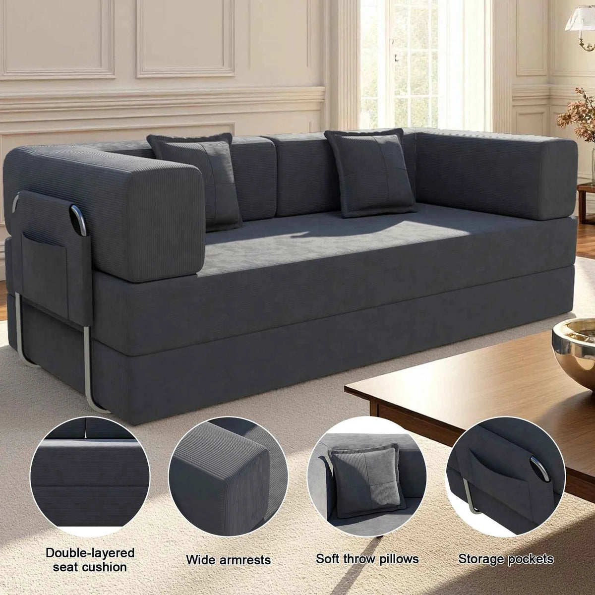 78.7" Convertible Sleeper Sofa Bed, Modular Corduroy Foldable Futon Loveseat, Compression in Box with Fixed Frame, Removable Armrests & Backrest, No Tool Assembly.