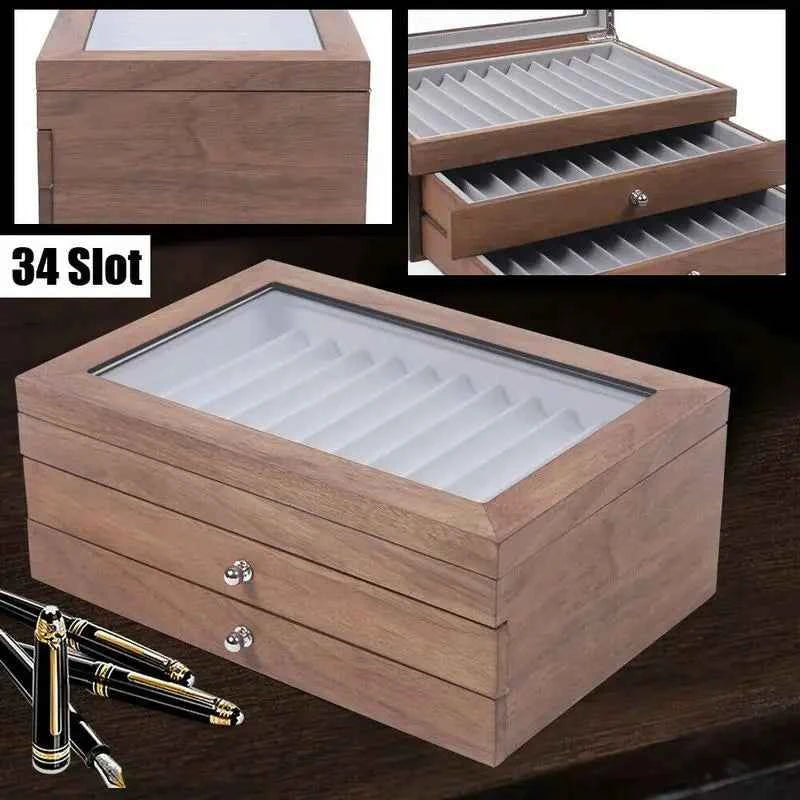 Pen Storage Case 34 Slots Walnut Wood Cabinet With Drawer Student Stationery Pen Display Show  Gift Case