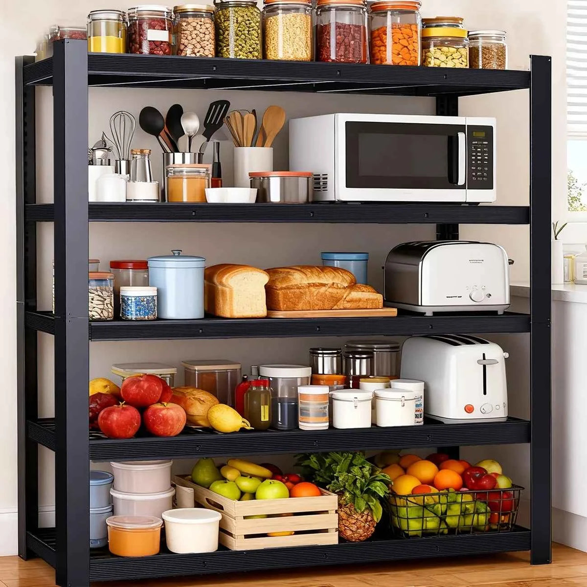 5 Tier Wide Mesh Steel Storage Shelf Heavy Duty Garage Organizer Rack,  Adjustable Height Metal Shelving