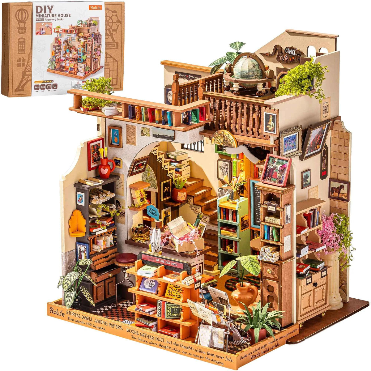 Rolife Wooden Dollhouse 3D Puzzle,  Page story Bookstore, DIY Miniature House Craft Kit Kit with LED Light for Bookshelf Decor. Brain Teasers, Jigsaw Toys, Holiday Gift for Book Lovers