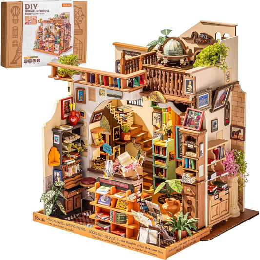 Rolife Wooden Dollhouse 3D Puzzle,  Page story Bookstore, DIY Miniature House Craft Kit Kit with LED Light for Bookshelf Decor. Brain Teasers, Jigsaw Toys, Holiday Gift for Book Lovers
