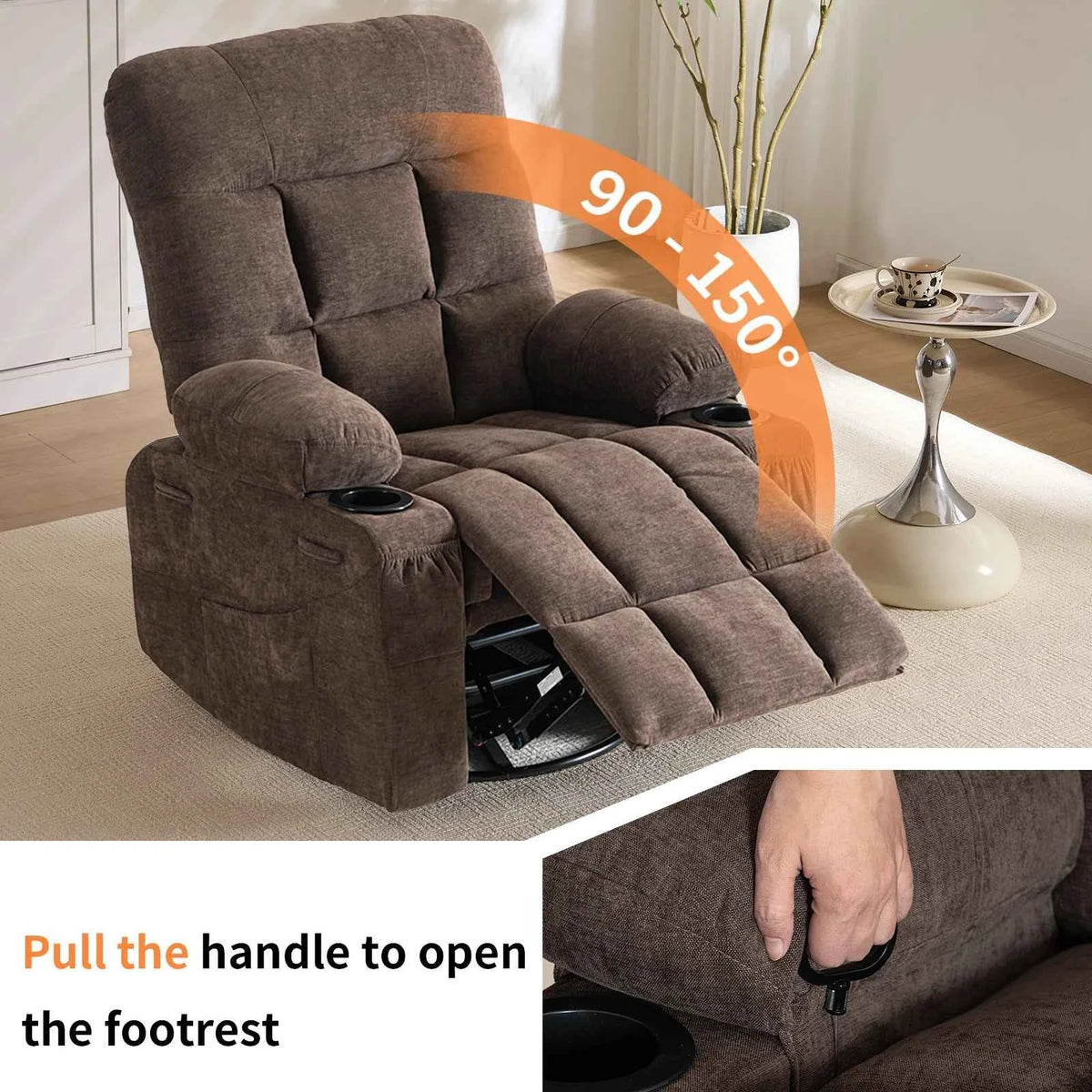 360° Swivel Rocker Recliner Chair with Cup Holders & Side Pockets,