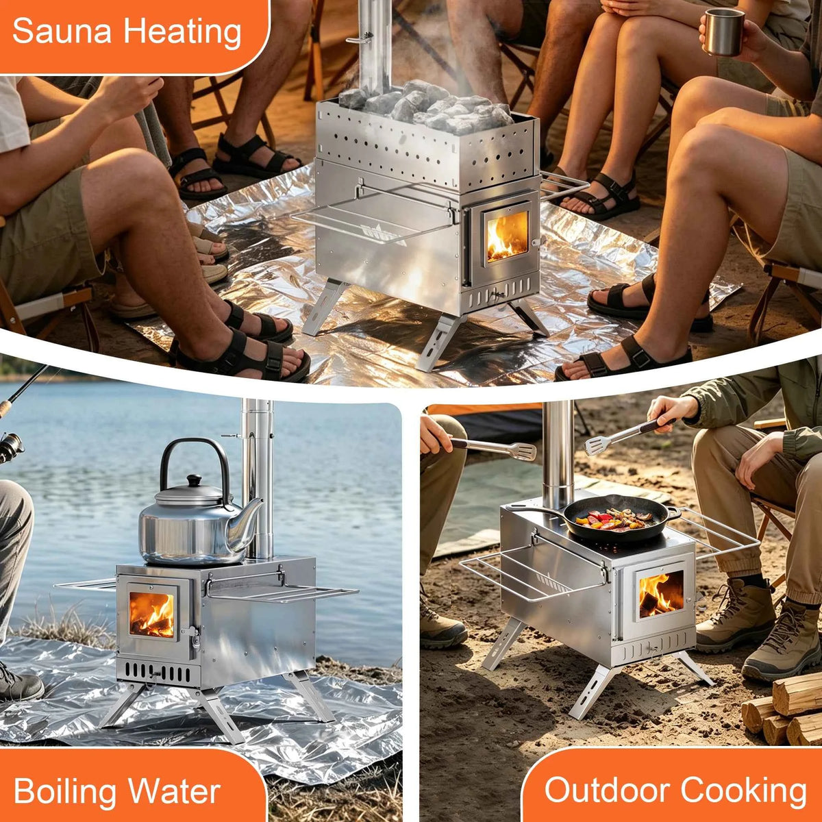 UNHO tent stove, portable wooden stove, large stainless steel tent fireplace, equipped with 6 chimney pipes, suitable for outdoor heating, cooking, hunting, barbecue and ice fishing.