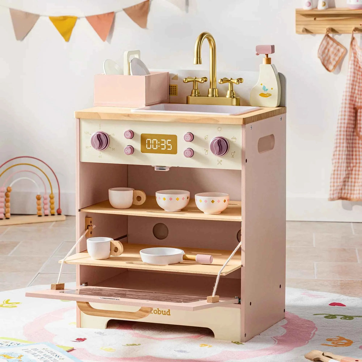 Robud Kids Wooden Pink Play Kitchen. All in 1 Corner Set Includes Oven, Refrigerator. Washer. Perfect Birthday Gift for Little Chefs.