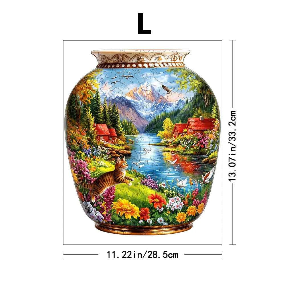 Vase Shaped Mountain Lake, Cat, Floral Wooden Jigsaw Puzzle, Country Cabin Riverside Scenery Irregular Basswood Puzzle,