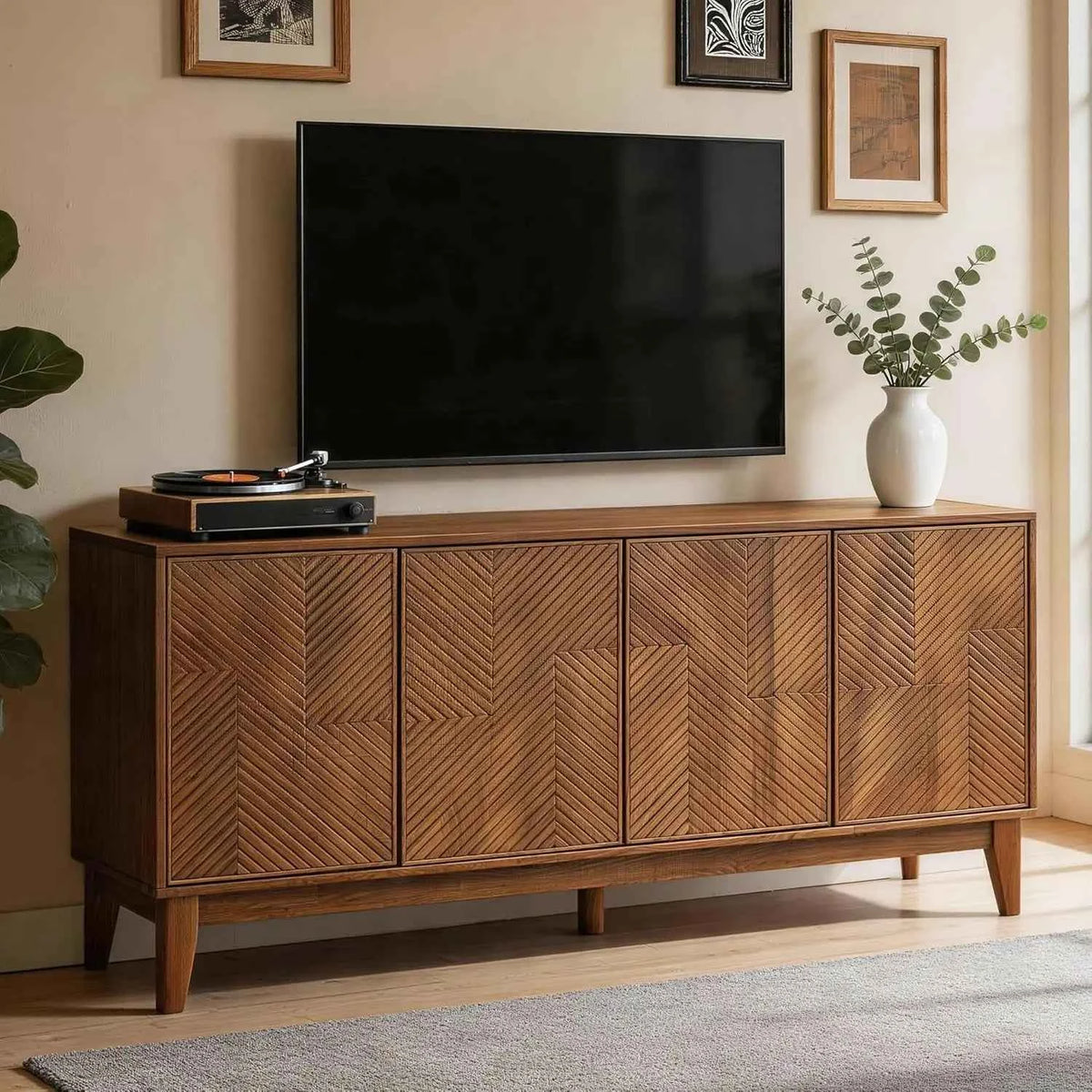 56" Mid Century Modern TV Stand, Wood Storage Cabinet, Carved Geometric Doors & 4 Door Media Console, Custom