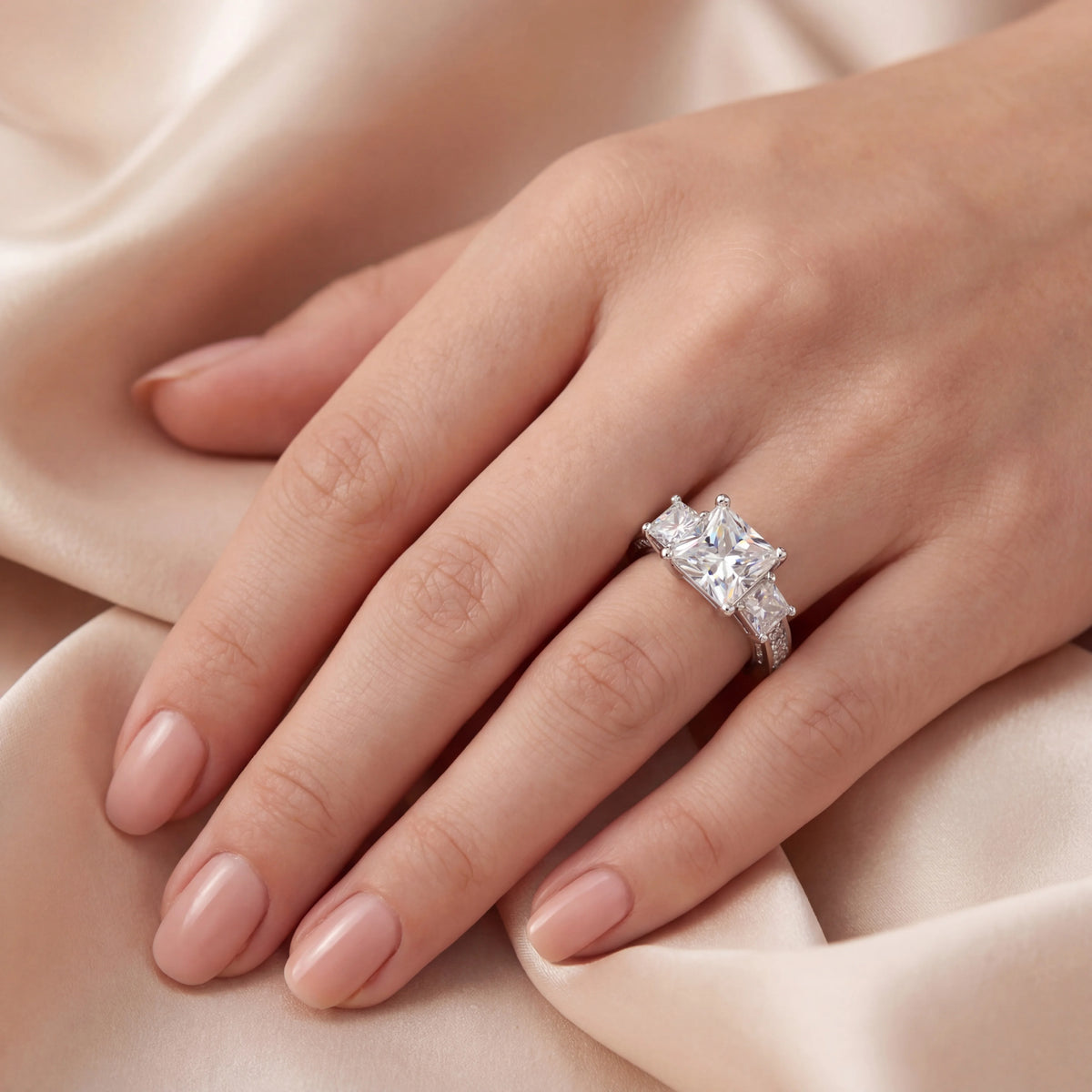 Princess Cut Three Stone Moissanite Ring, S925 Silver, D Color VVS1, 3ct, Hip Hop, Passes Diamond Tester