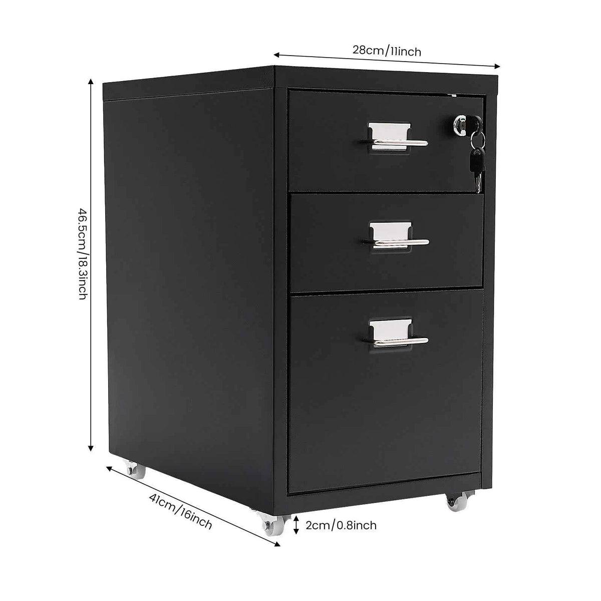 Black Lockable 3-Drawer Mobile File Cabinet Under Desk. Rolling Steel Storage Cabinet with Wheels Silent Slide Drawers