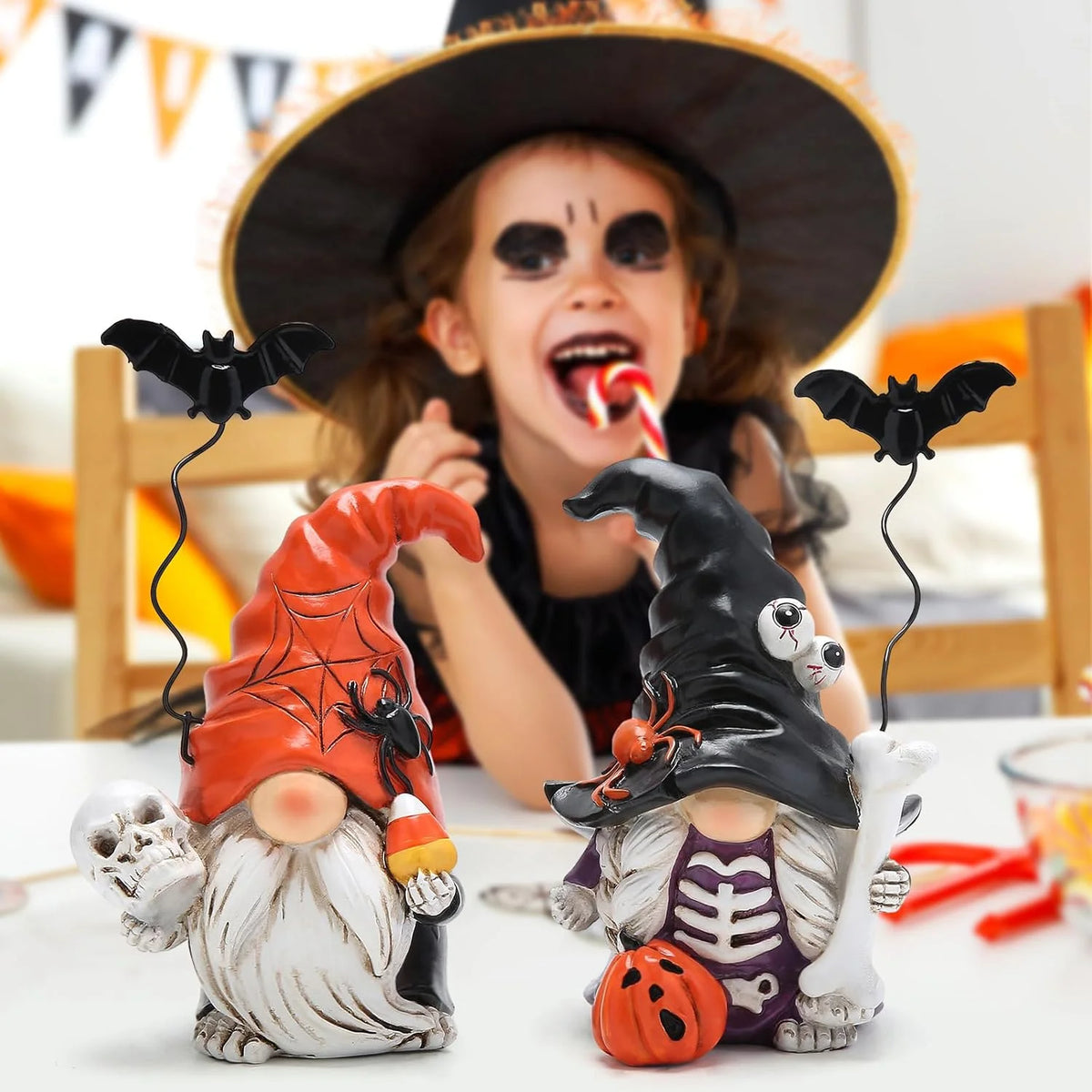 Hodao Resin Halloween Gnome Figurine Set, 2-Piece Pumpkin and Witch Gnome Decor with Spring-Loaded Flying Bat Topper, Skeleton Chest, Skull, Pumpkin and Candy Corn Details, Cute Creepy Hand-Painted Tabletop Ornament