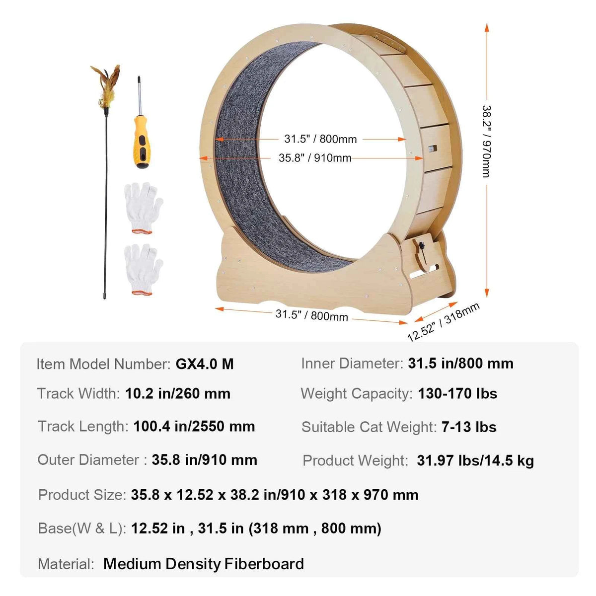 Wooden Exercise Wheel for Indoor Cat .Running Wheel with Detachable Carpet& Cat Teaser