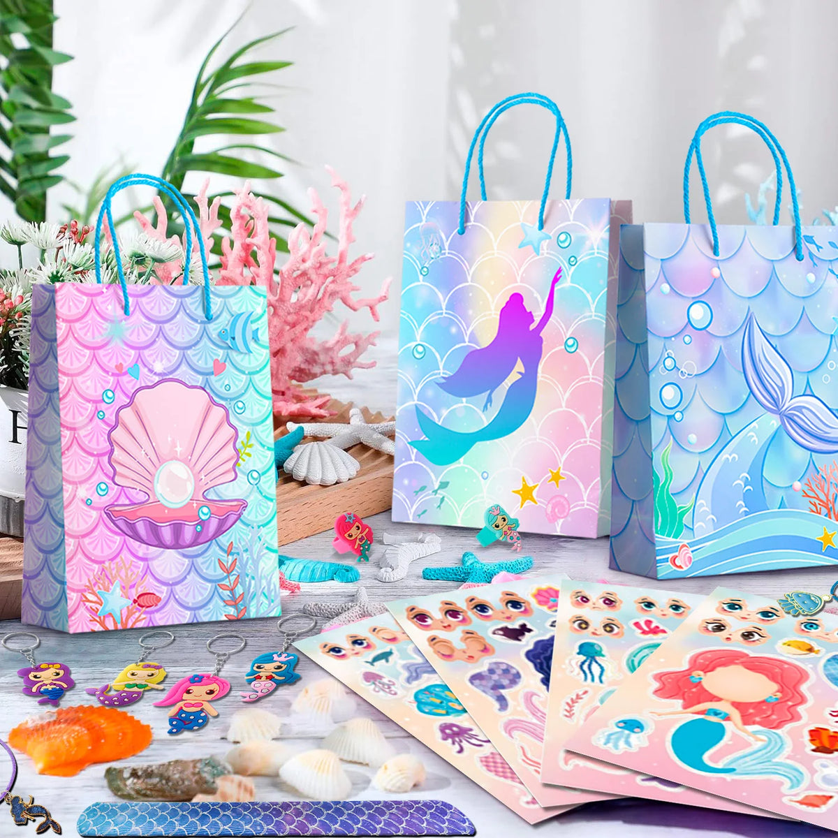 84 Pcs Mermaid Party Favors for Boys and Girls - Mermaid Birthday Rings, Keychain, Slap Bracelets, Bags, Hair Clips, Necklace Etc. Mermaid Birthday Party Favors for Mermaid Birthday Decorations Supplies