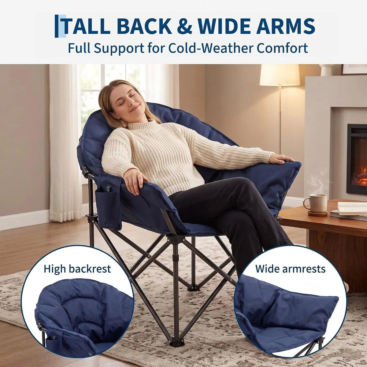 Oversized Heated Camping Chair for Adults – Heavy Duty Padded Outdoor Folding Chair with Cup Holder, Storage Pockets & Big Tall Support