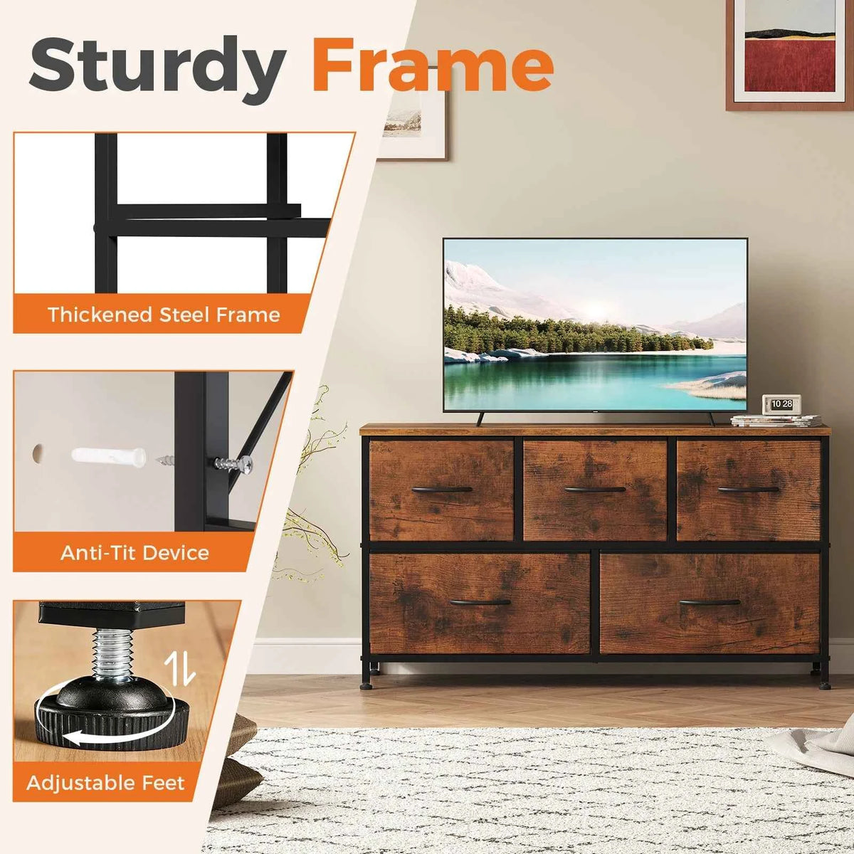 MCQ 5 Drawer Furniture. Wide Fabric Storage Tower with Wooden Top and Metal Frame