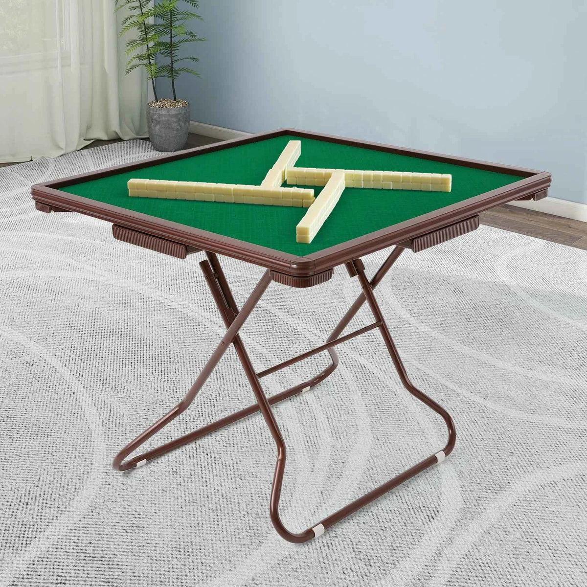 Foldable Square portable table. Wood Board, Velvet Desktop. Q195 Plastic Steel Frame. 150KG Load Noise Reduction, Anti-slip. Table Leg Rounded, Safe Corners. Built-in 4 Cup Holders & 4 Hidden Storage Drawers. Raised Anti-slip